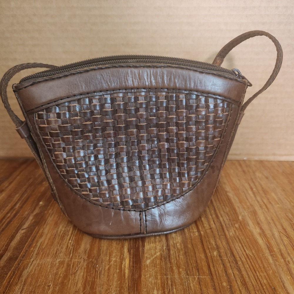 Vintage Elliott Lucca Brown Structured Leather Crossbody Small Basketweave